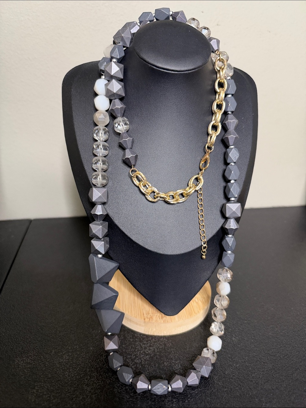Mixed Media Layered Gray Wood Glass Beaded Statement Necklace Gold Chain